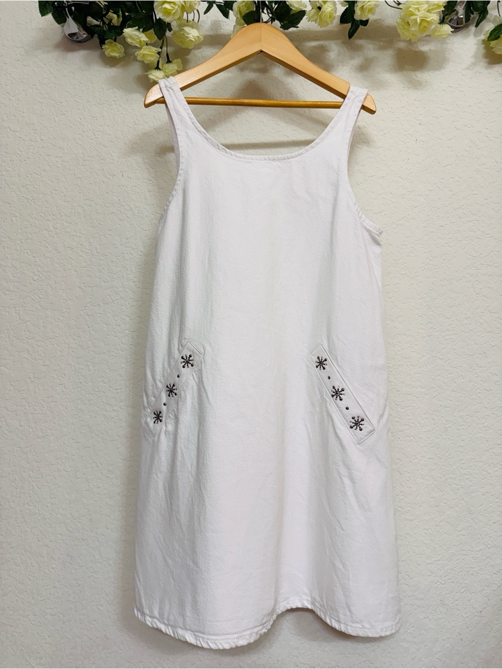 Zara • Girls White Denim Overall Dress Embroidered Pockets Boho Jumper